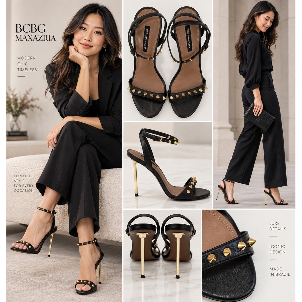 BCBGMAXAZRIA Stiletto Sandals Womens 8 Black New Studded Gold Heel Strappy